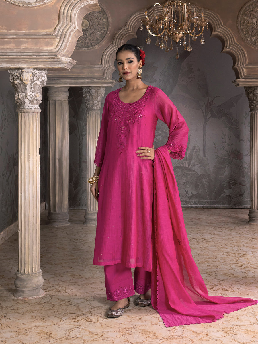 Rani pink mul chanderi kurta set