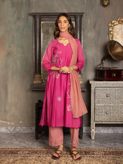 Rani pink mul chanderi thread and fabric cutwork work kurta