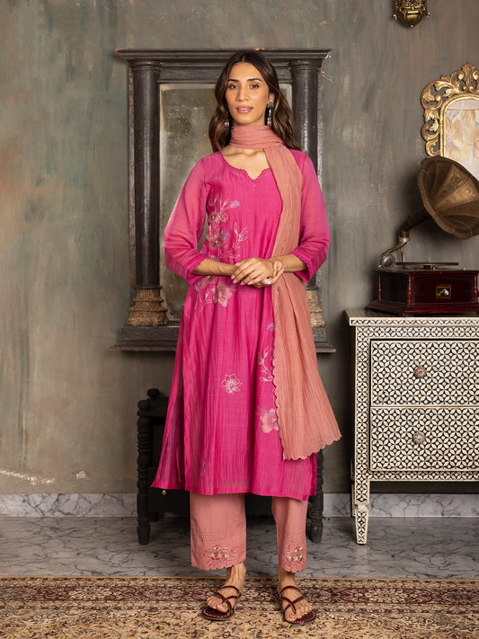 Rani pink mul chanderi thread and fabric cutwork work kurta set