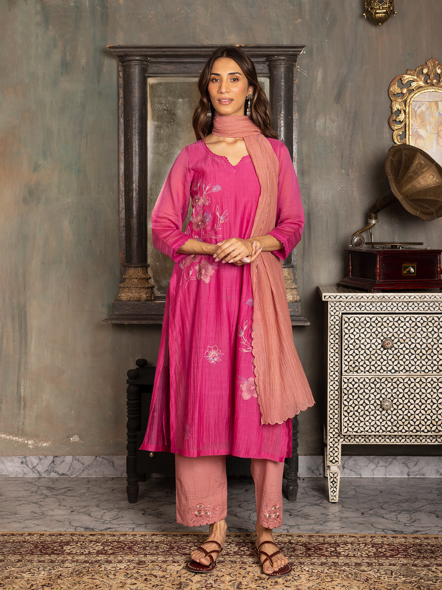 Rani pink mul chanderi kurta set