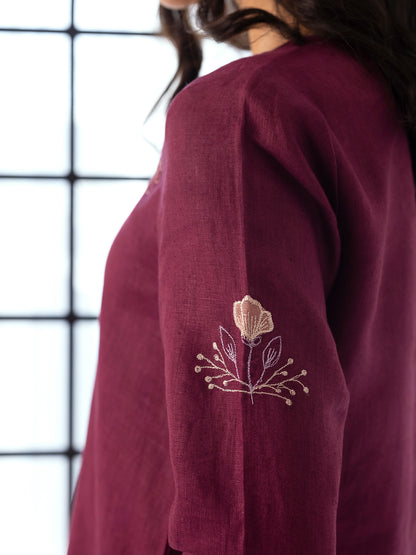 Wine linen thread and fabric cutwork kurta