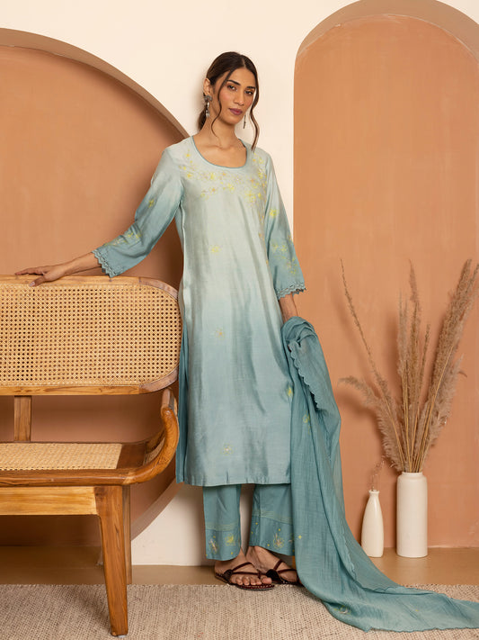 light blue and sea blue ombrey bamboo silk with thread and bead embroidery kurta set