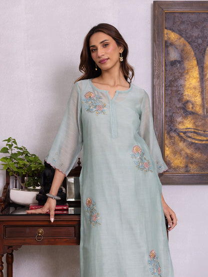 Light blue mul chanderi gota with thread embroidery kurta set