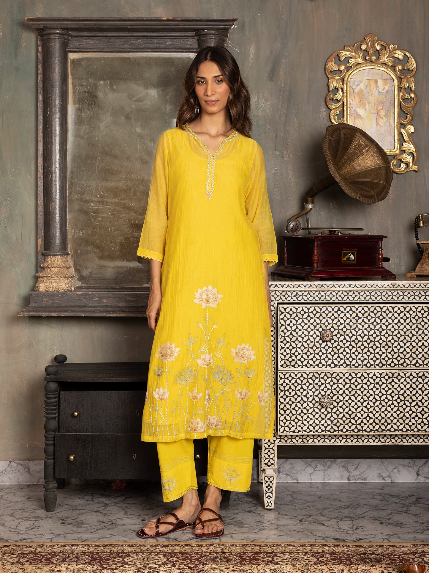 Lemon yellow mul chanderi thread and fabric cutwork work kurta set