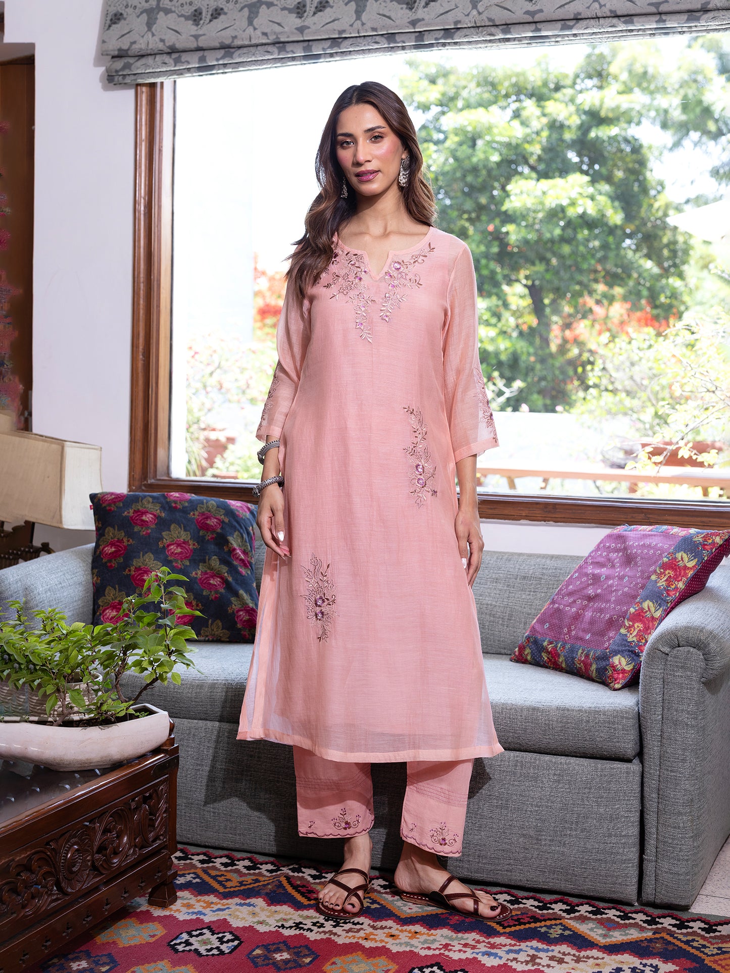 Peach mul chanderi thread and bead, sequence work kurta