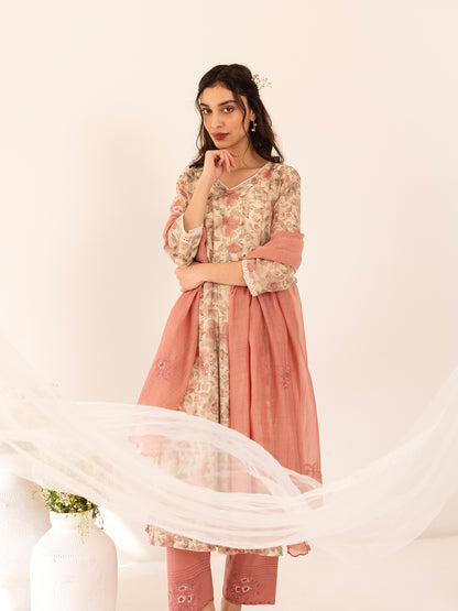 Off white and pink floral printed mul chanderi beadwork kurta set