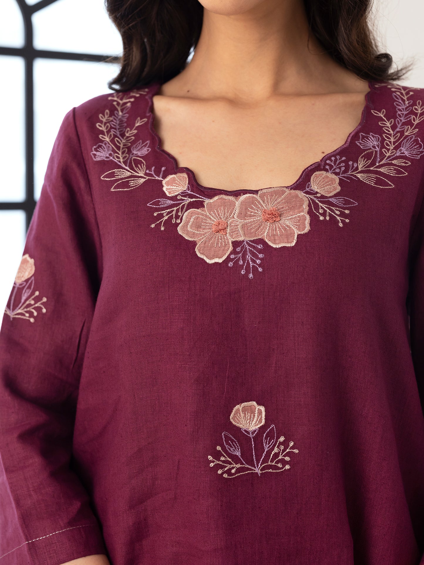 Wine linen thread and fabric cutwork kurta