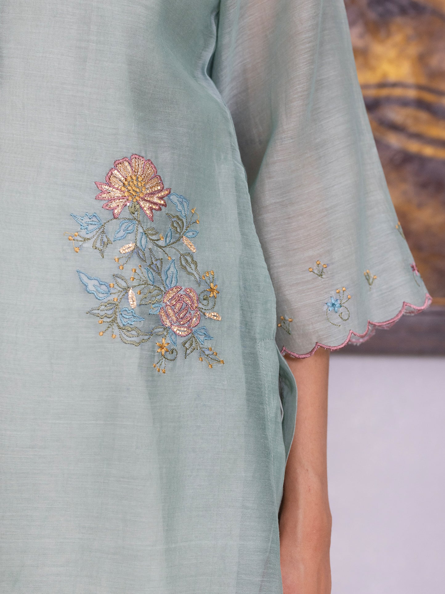 Light blue mul chanderi gota with thread embroidery kurta set