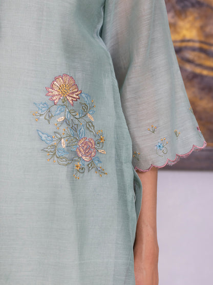 Light blue mul chanderi gota with thread embroidery kurta set