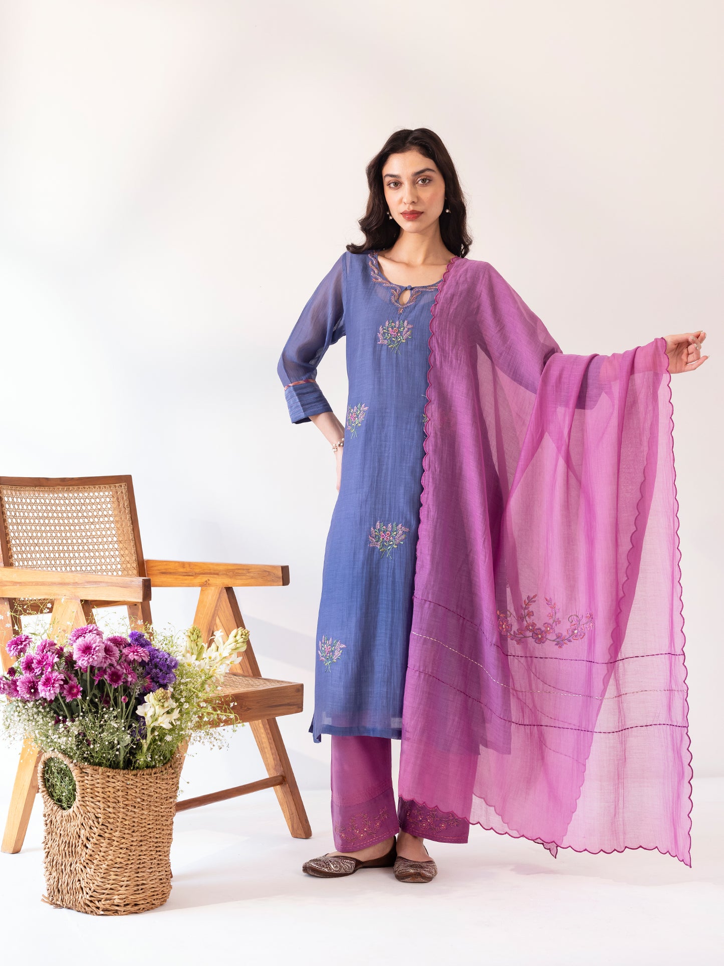 Blue mul chanderi threadwork and fabric kurta set