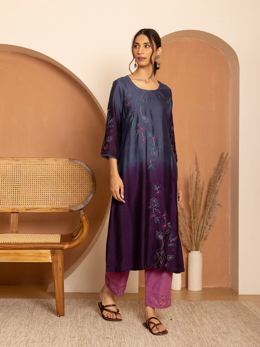 blue and purple ombrey bamboo silk with thread and bead embroidery kurta