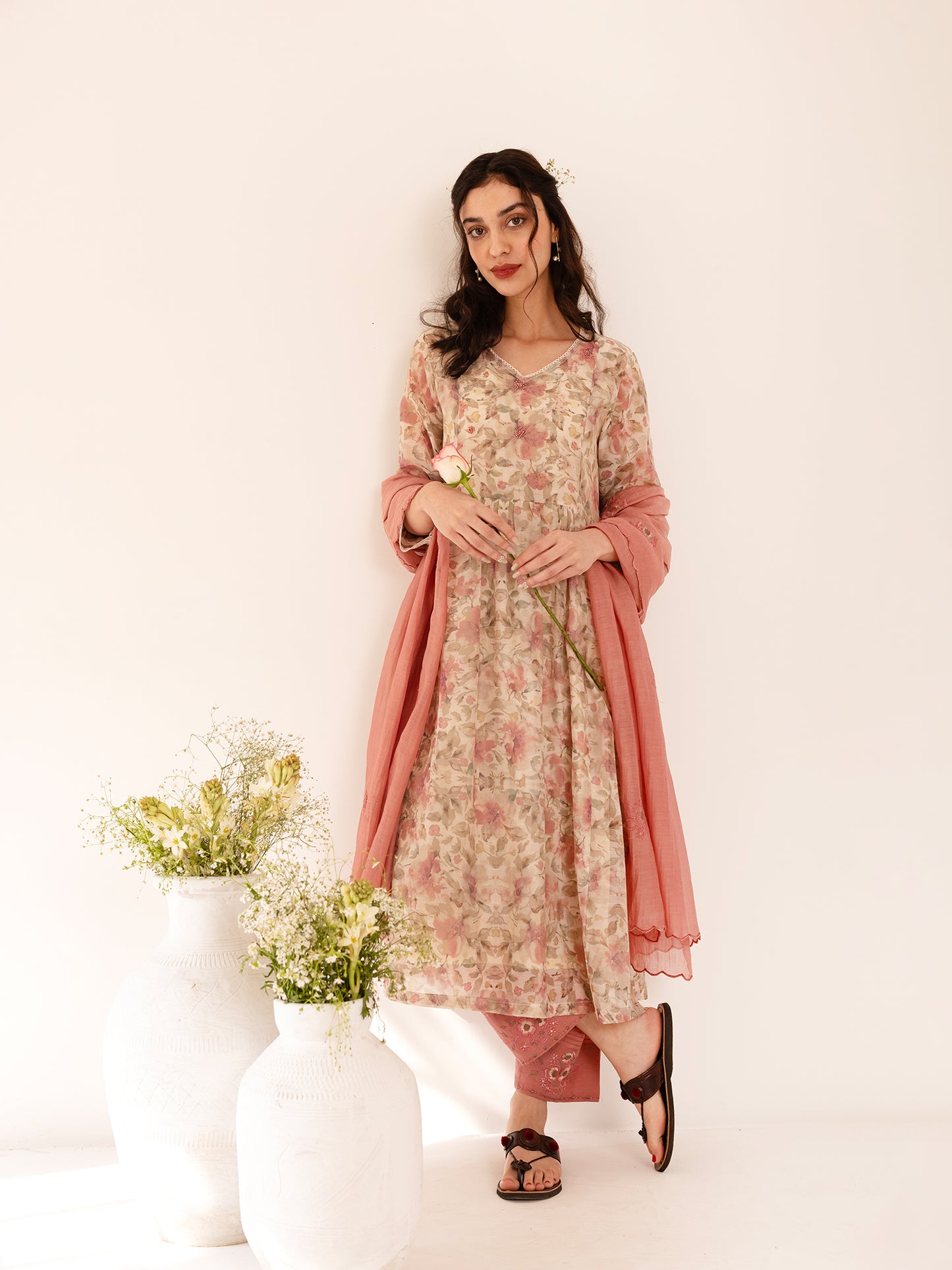 Off white and pink floral printed mul chanderi beadwork kurta set