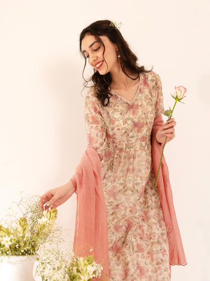 Off white and pink floral printed mul chanderi beadwork kurta set