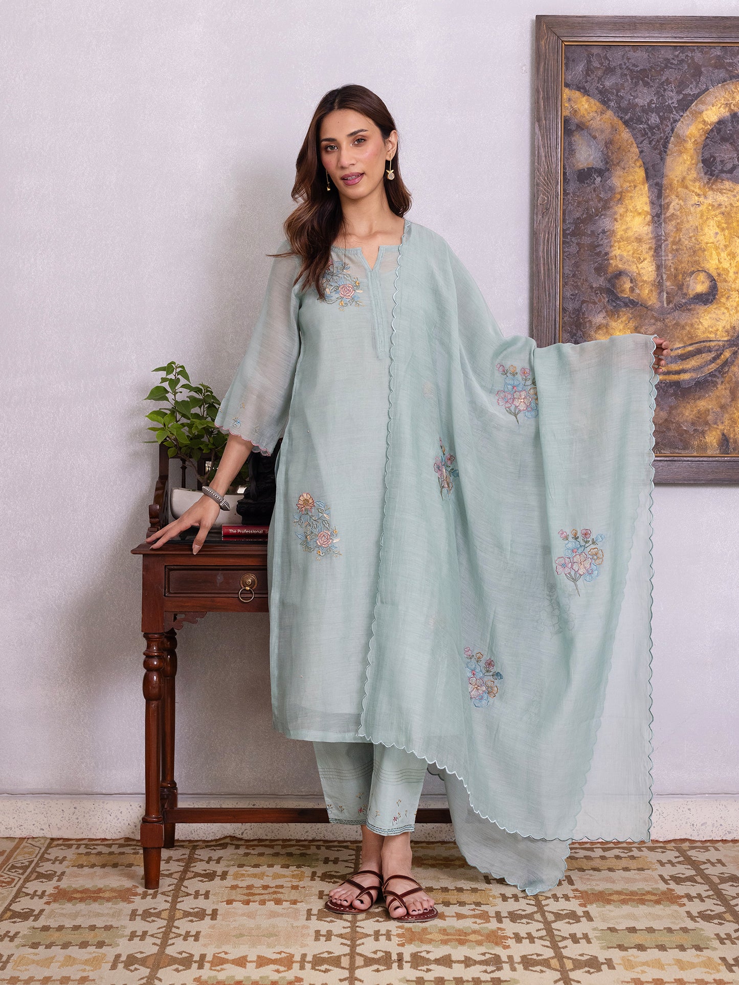 Light blue mul chanderi gota with thread embroidery kurta set