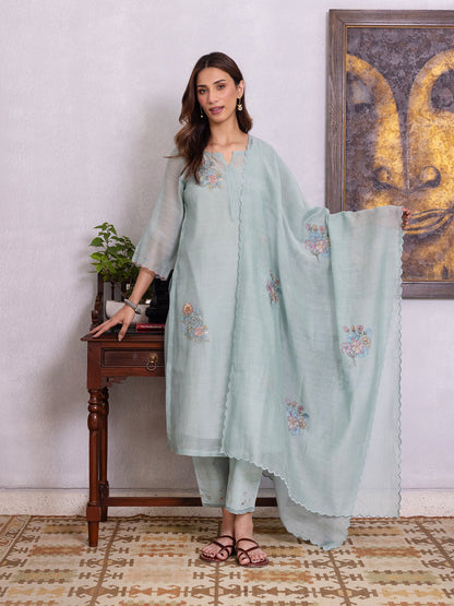 Light blue mul chanderi gota with thread embroidery kurta set