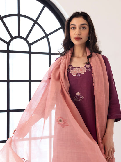 Wine linen thread and fabric cutwork kurta