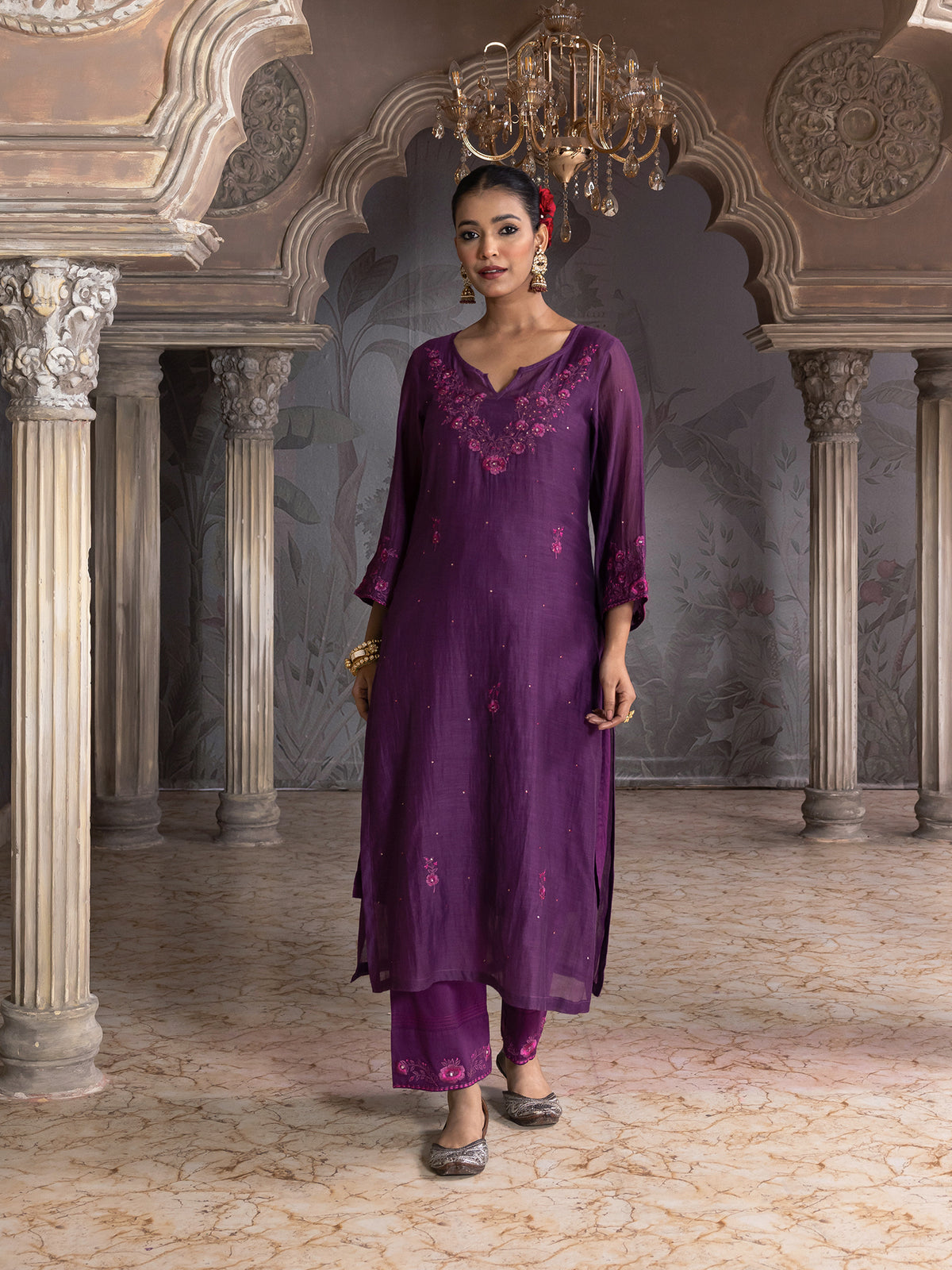 Purple mul chanderi thread with mirror and sequence embroidery kurta set