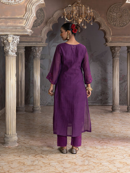 Purple mul chanderi thread with mirror and sequence embroidery kurta set