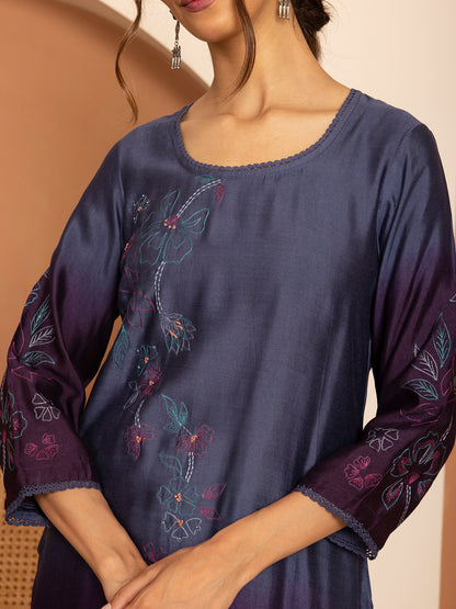 blue and purple ombrey bamboo silk with thread and bead embroidery kurta set