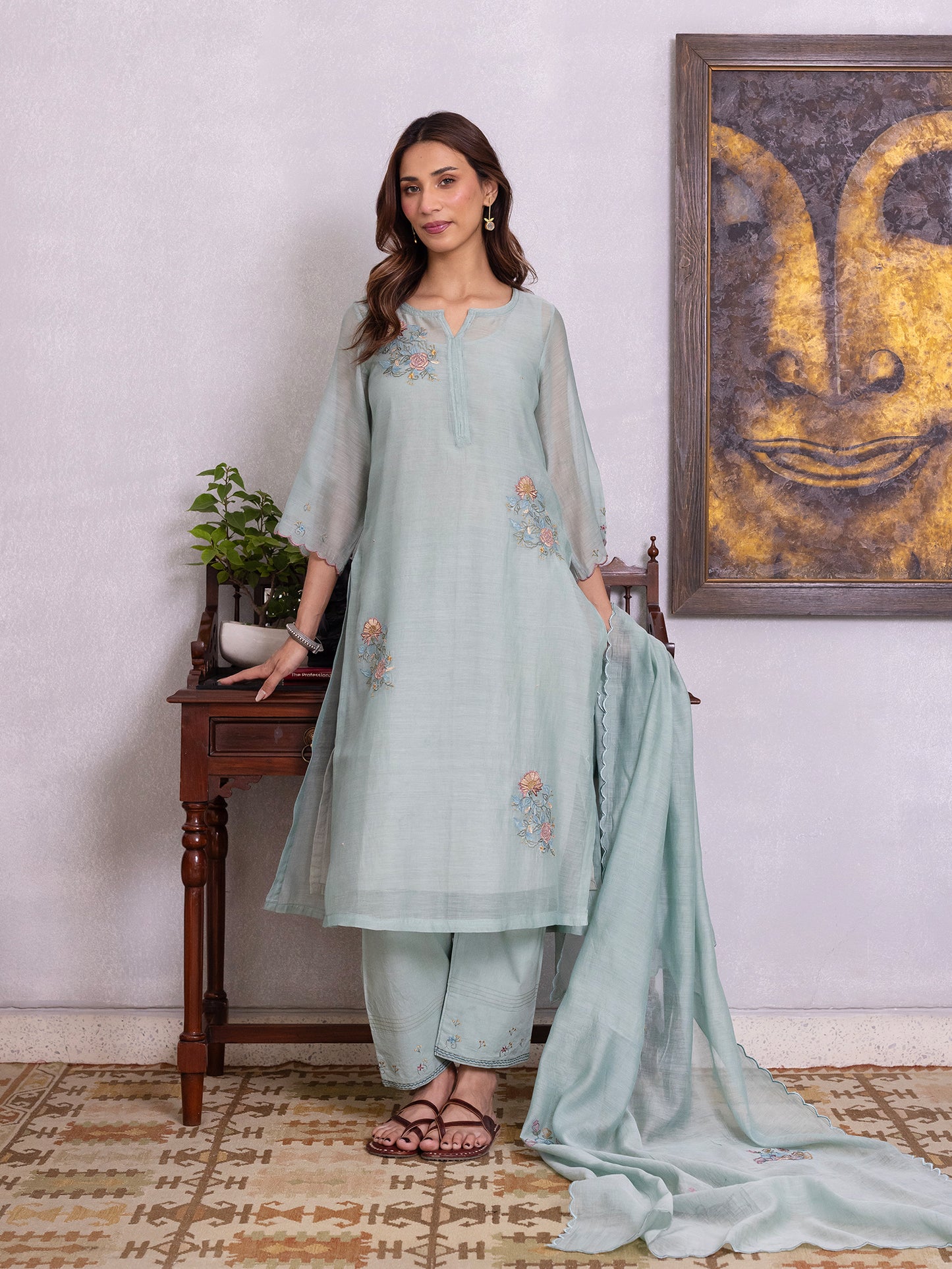 Light blue mul chanderi gota with thread embroidery kurta set