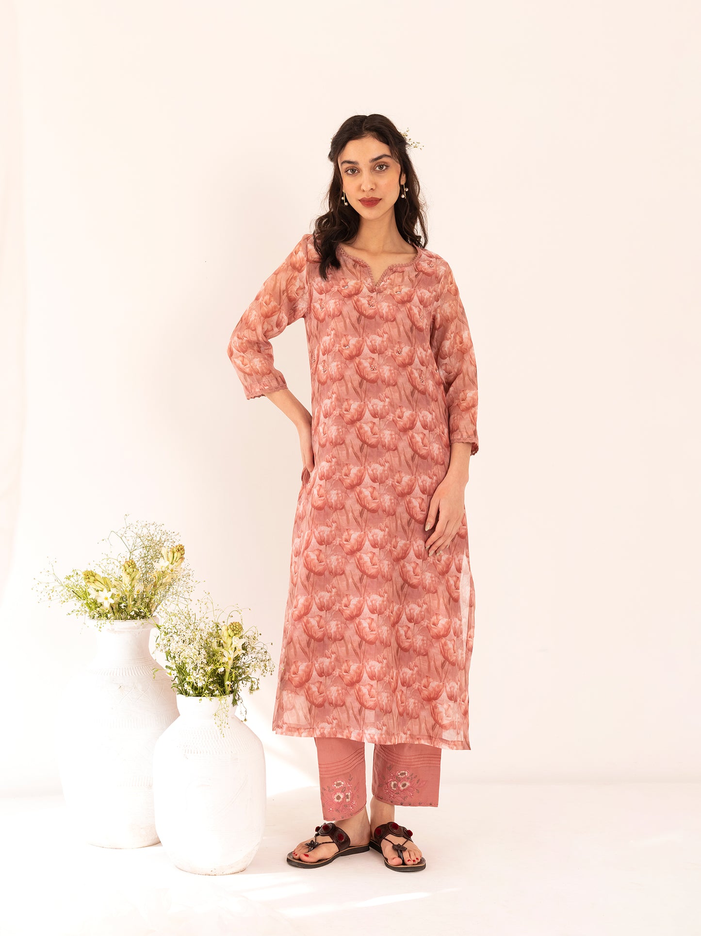 Coral tulip floral printed mul chanderi beadwork kurta set