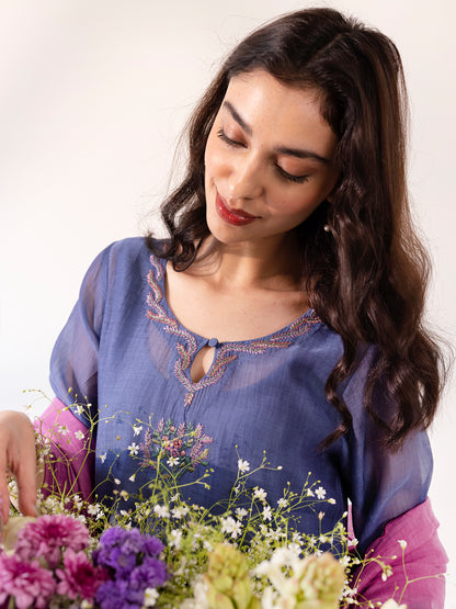 Blue mul chanderi threadwork and fabric kurta set