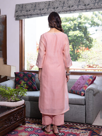 Peach mul chanderi thread and bead, sequence work kurta