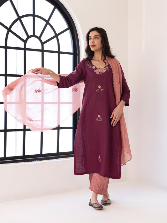 Wine linen thread and fabric cutwork kurta set