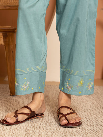 light blue and sea blue ombrey bamboo silk with thread and bead embroidery kurta set