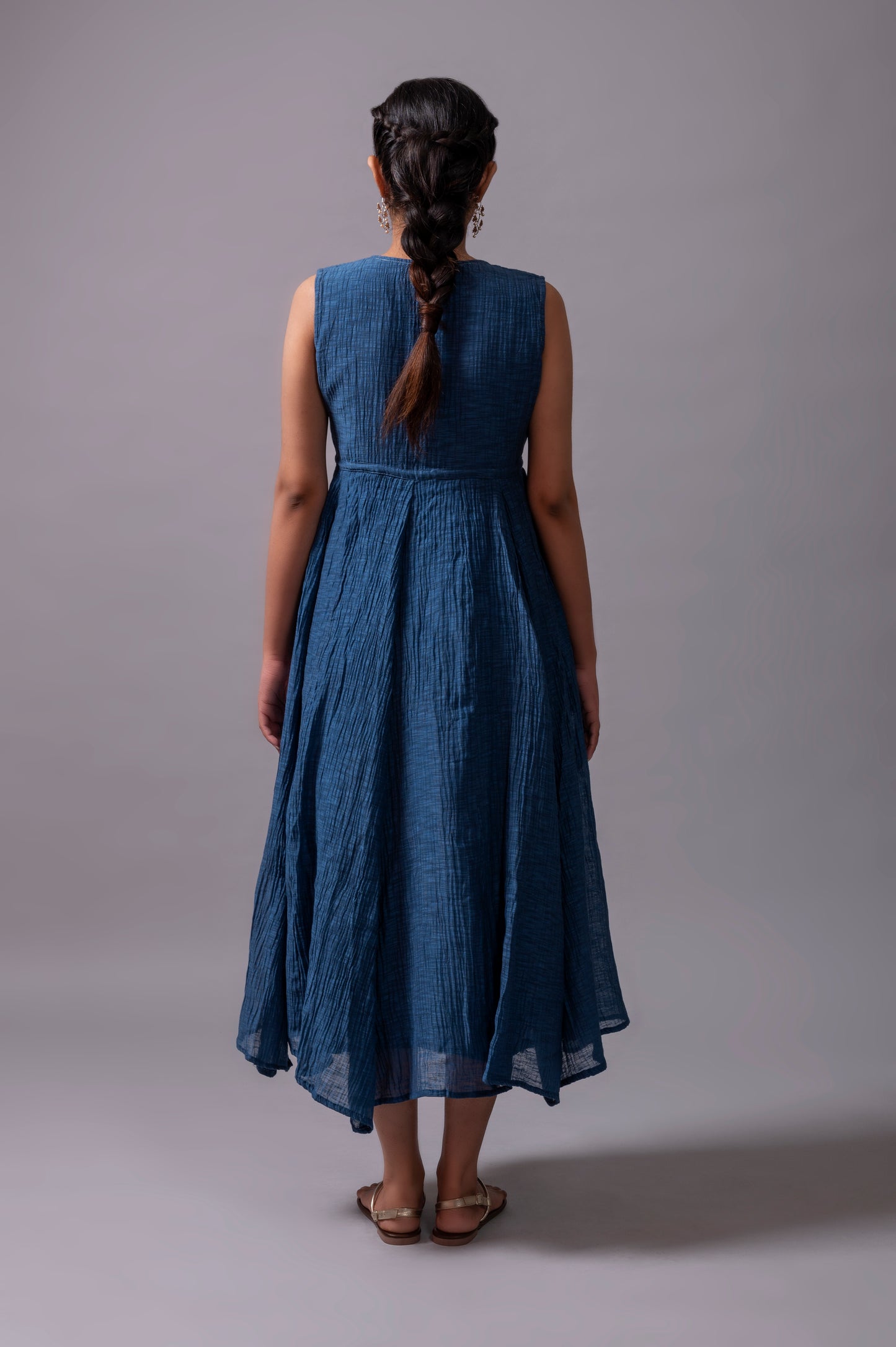 Navy Blue Khadi Chanderi Flared Dress