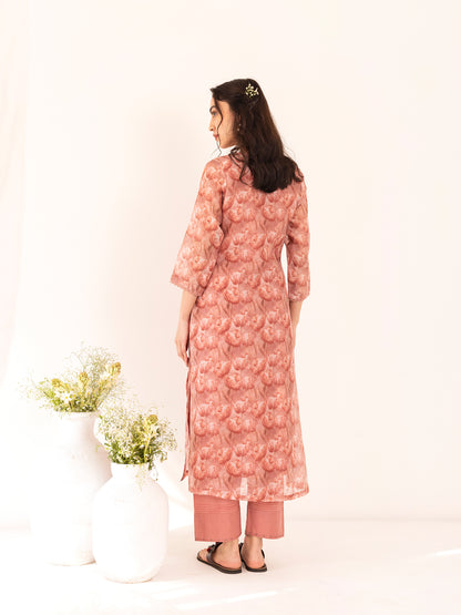 Coral tulip floral printed mul chanderi beadwork kurta set