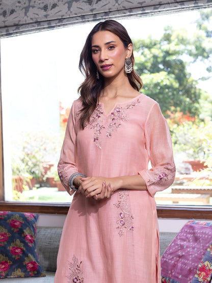 Peach mul chanderi thread and bead, sequence work kurta