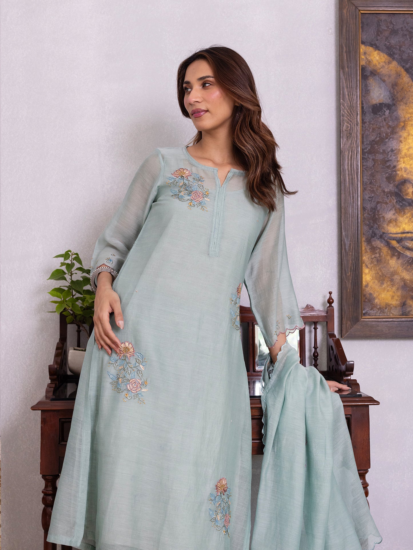 Light blue mul chanderi gota with thread embroidery kurta set
