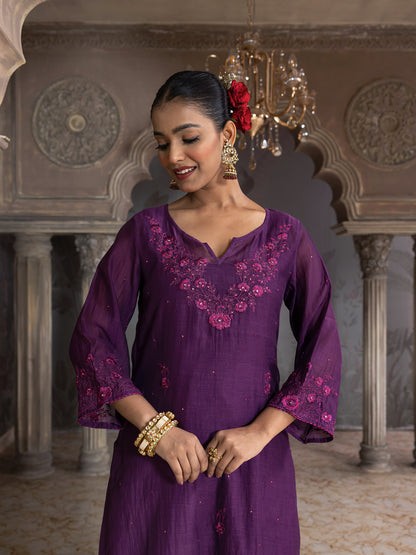 Purple mul chanderi thread with mirror and sequence embroidery kurta