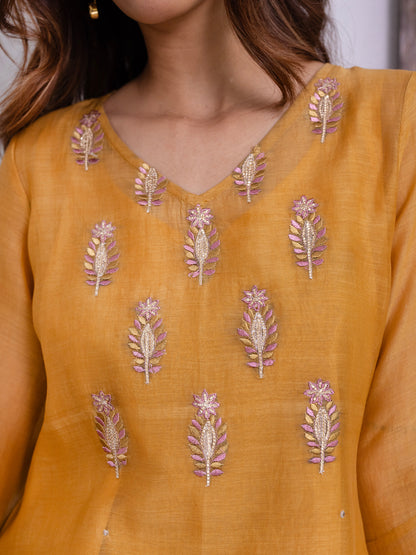 Mustard yellow mul chanderi gota with thread embroidery kurta set