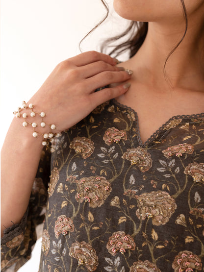 Charcoal floral printed mul chanderi beadwork kurta set