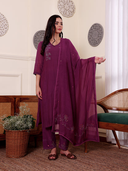 Purple mul chanderi bead work kurta set