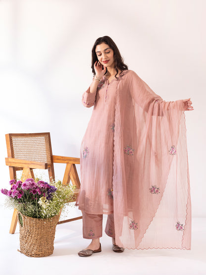 Old rose mul chanderi thread work kurta set