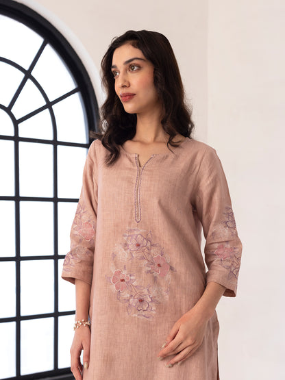 Old rose linen thread and fabric cutwork kurta