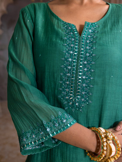 Bottle green mul chanderi thread with mirror and sequence embroidery kurta set