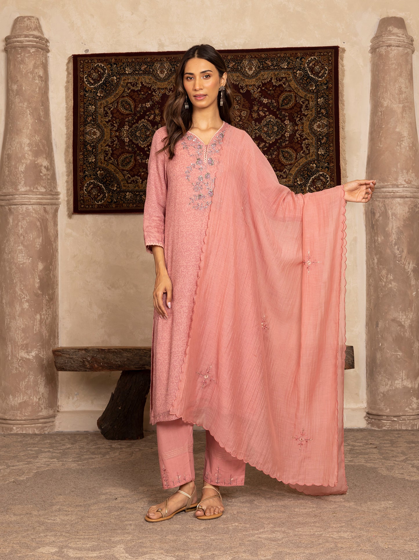 Pink hand block print kota cotton with zardozi hand embroidery kurta set