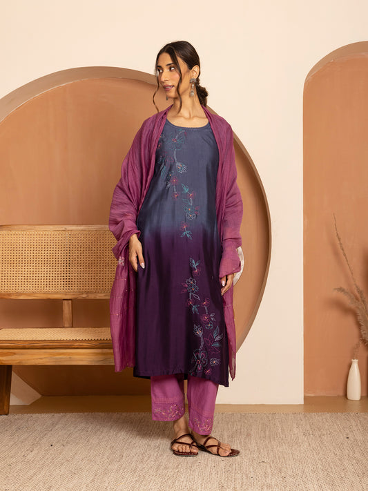 blue and purple ombrey bamboo silk with thread and bead embroidery kurta set