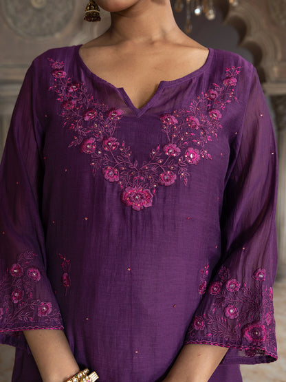 Purple mul chanderi thread with mirror and sequence embroidery kurta