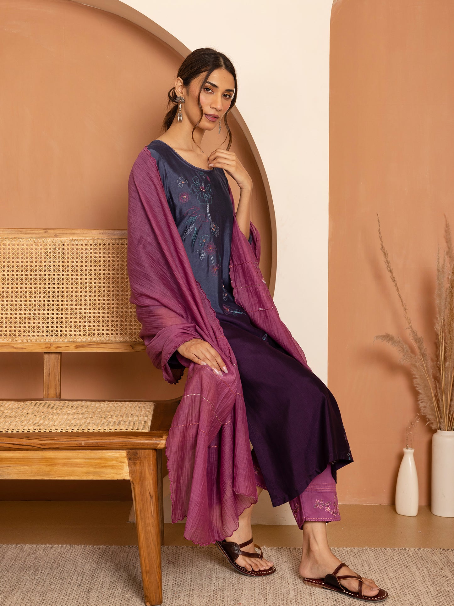 blue and purple ombrey bamboo silk with thread and bead embroidery kurta set