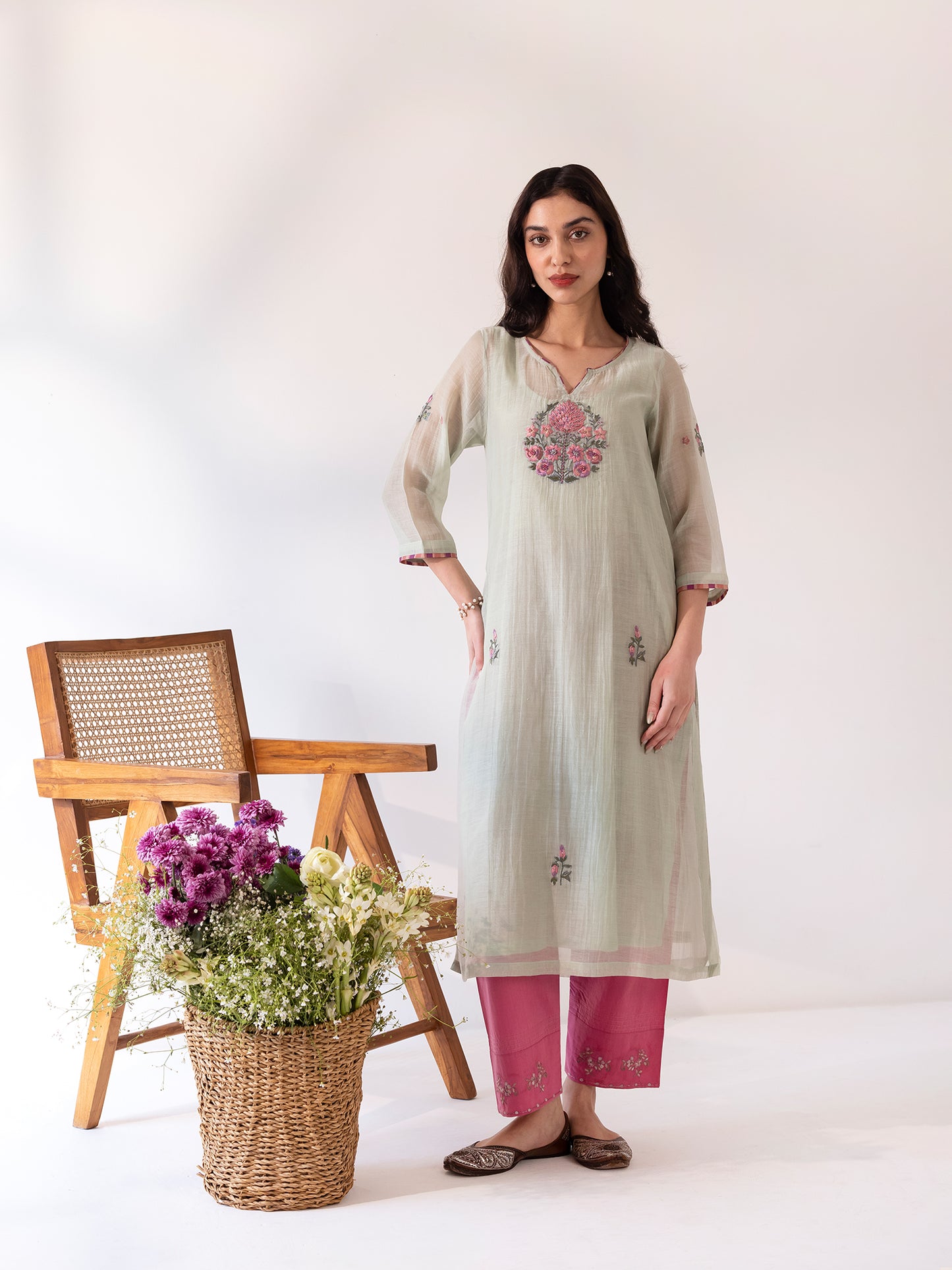 Soft green mul chanderi thread work kurta set