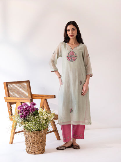 Soft green mul chanderi thread work kurta set