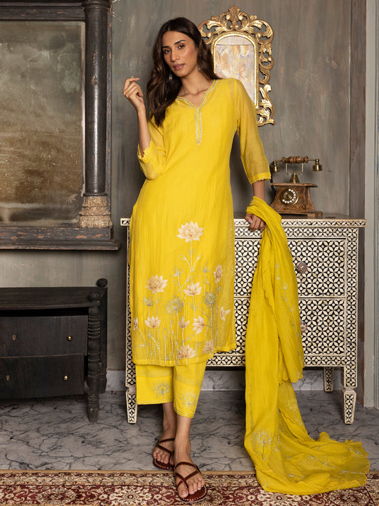 Lemon yellow mul chanderi thread and fabric cutwork work kurta set