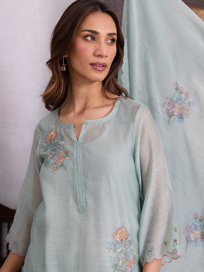 Light blue mul chanderi gota with thread embroidery kurta set