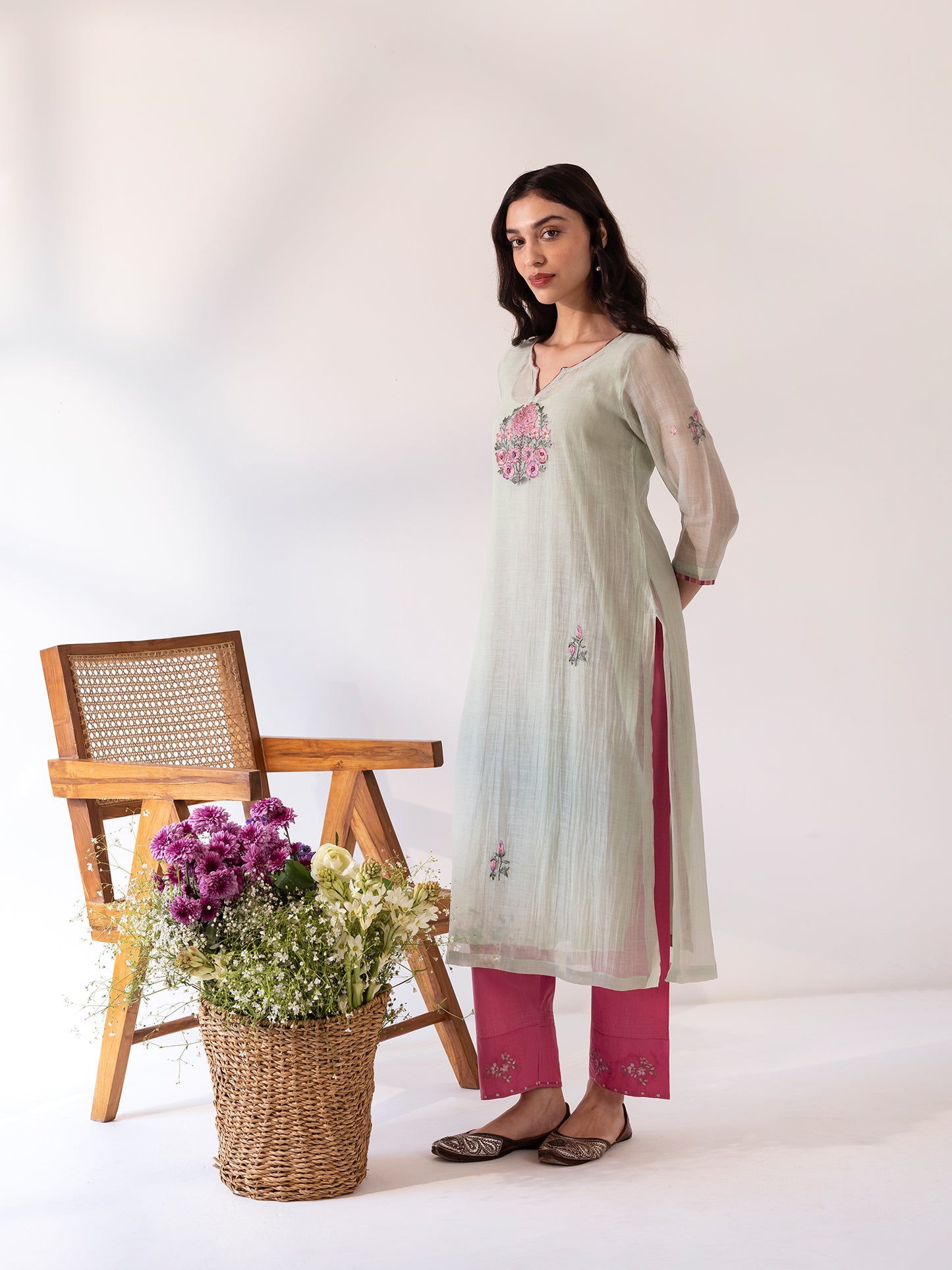 Soft green mul chanderi thread work kurta set