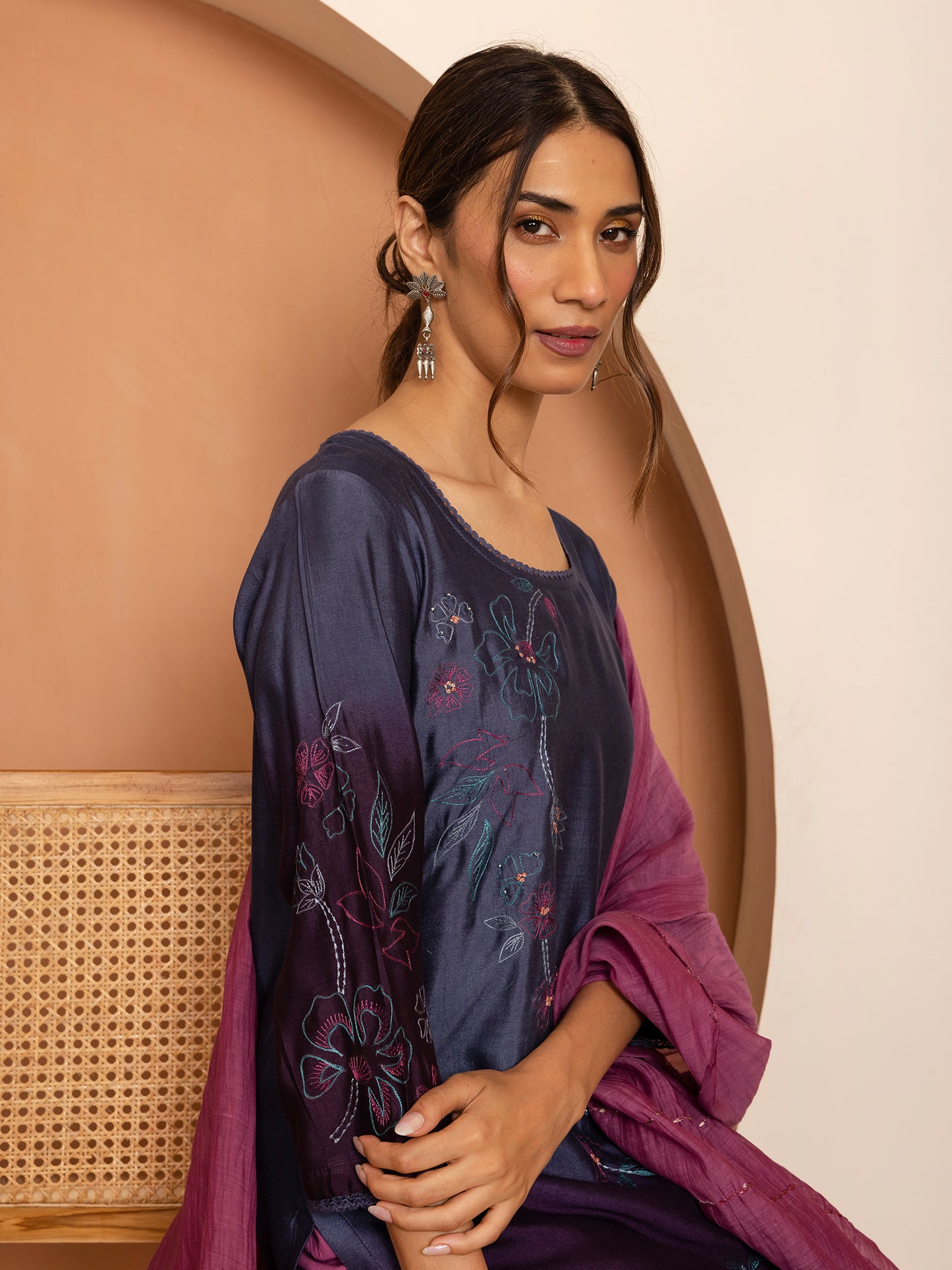 blue and purple ombrey bamboo silk with thread and bead embroidery kurta set